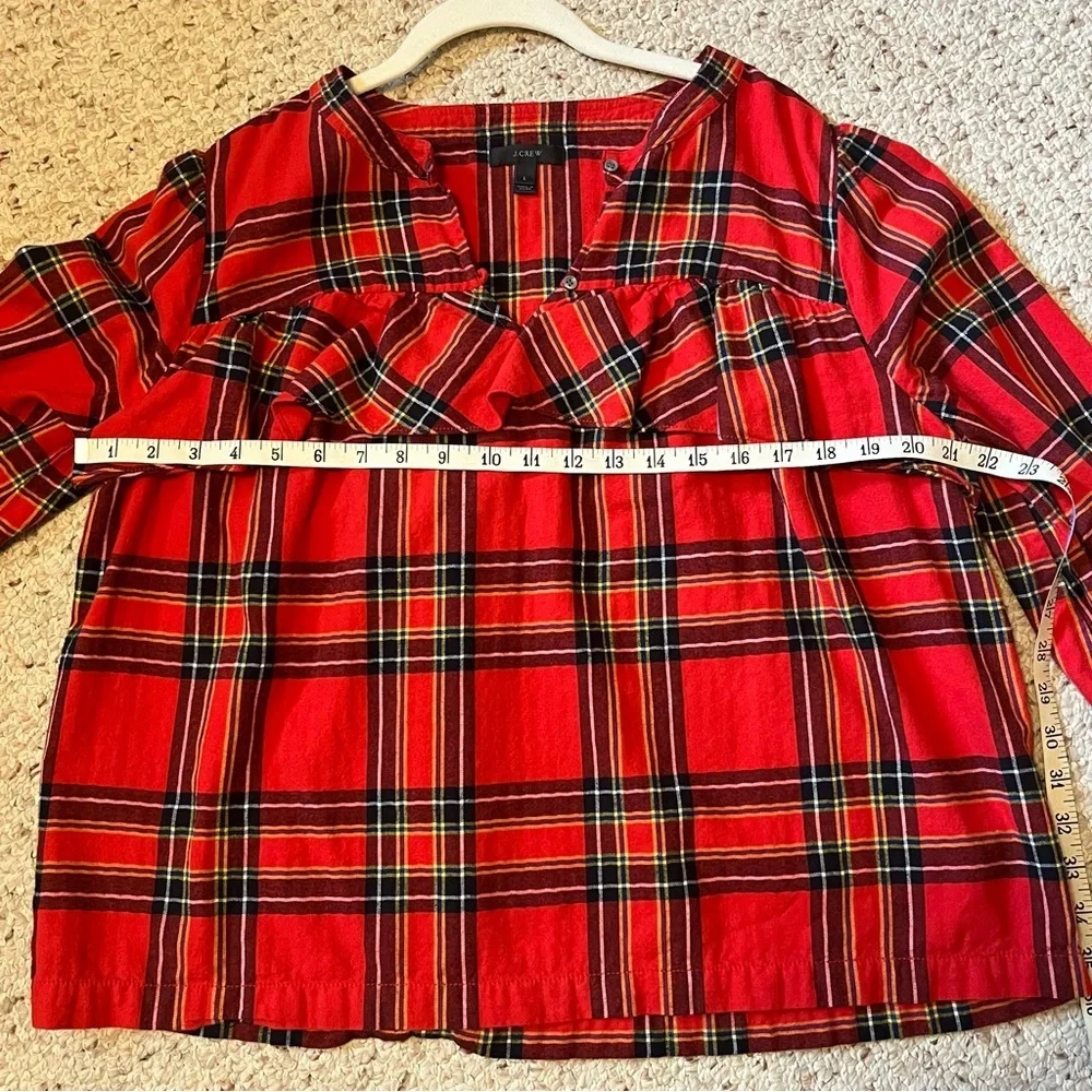 J.CREW Red Plaid Flannel Ruffle Long Sleeve Festive Blouse | size Large